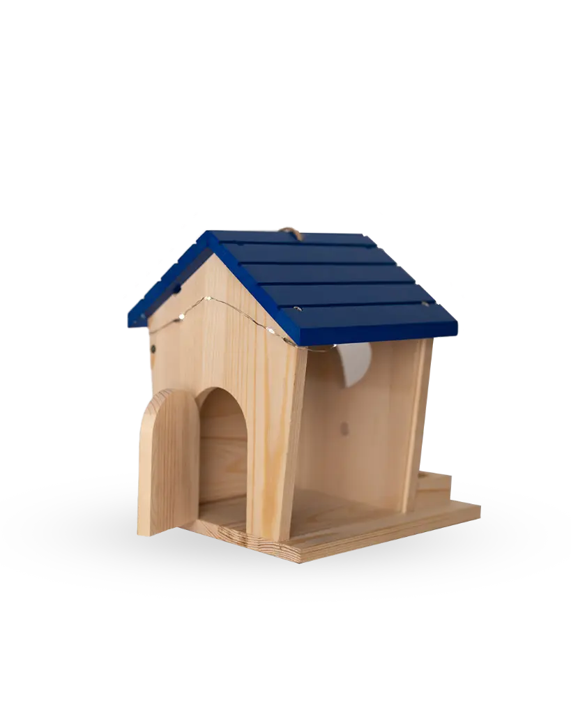 Ghaith and Qalby Etmaan Wooden Birdhouse with Solar Lights for Outdoor Trees Natural Sidr Wood Blue Roof Heart Shaped Vent
