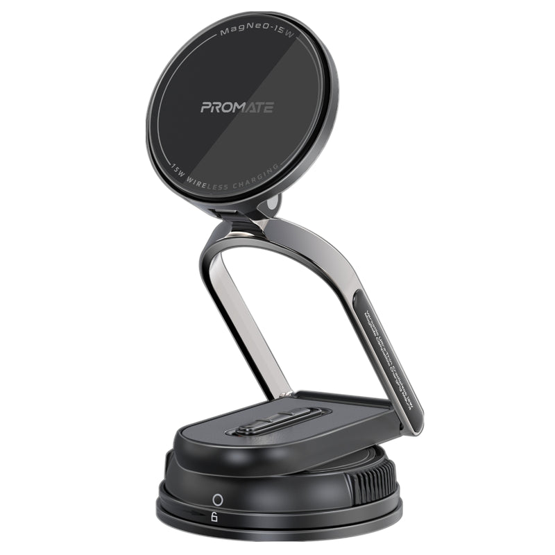 Promate MagNeo 15W Wireless Charging Mount Cradleless MagSafe Compatible Car Charger Adjustable Arm Dashboard Windshield Mount