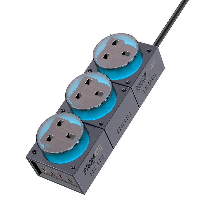 محطة الشحن المكتبية متعددة المنافذ بتقنية GaNFast بقدرة 240 واط من Promate مع PD140W USB-C وثلاث مقابس AC بقدرة 3250 واط وإضاءة RGB بـ 11 وضع وحماية من الحمل الزائد وكابل بطول 3 أمتار |PowerBrix-GaN240|