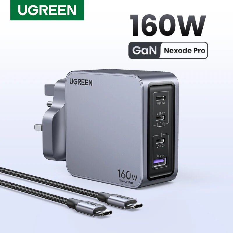 UGREEN Nexode Pro 160W USB C GaN II شاحن سريع بقدرة 160 واط مع 4 منافذ للحائط لأجهزة MacBook Pro Air و iPhone 16 و Samsung S25U و Dell XPS و iPad و Steam Deck | X763|
