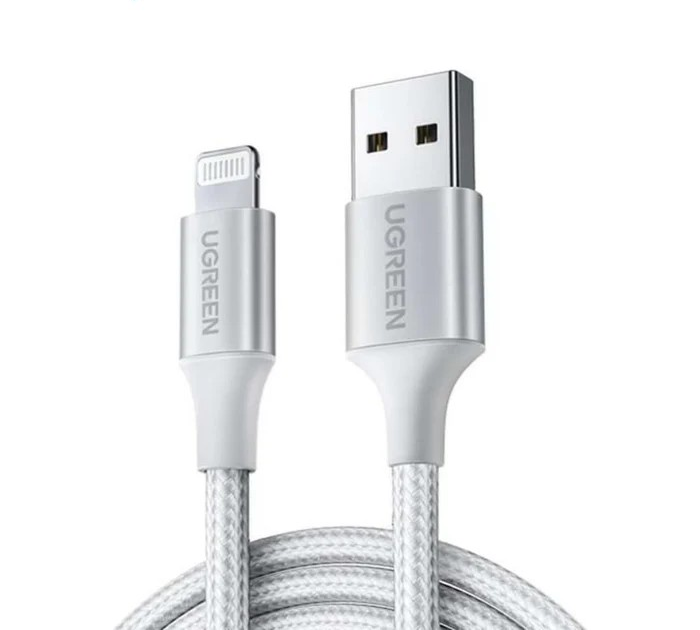 UGREEN USB-A to Lightning Charging Cable Braided Silver Nylon Apple Certified Fast Sync Durable Aluminum Case Silver |60161|