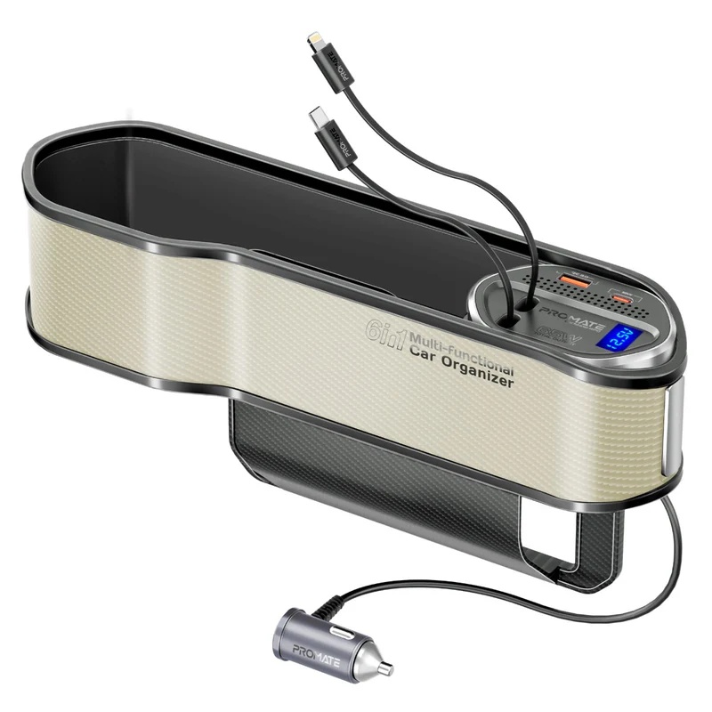 Promate 65W Car Organizer Charging Station with USB C and Lightning Retractable Cables Multi Port Charger with Storage for Cars - CarMate-RPD