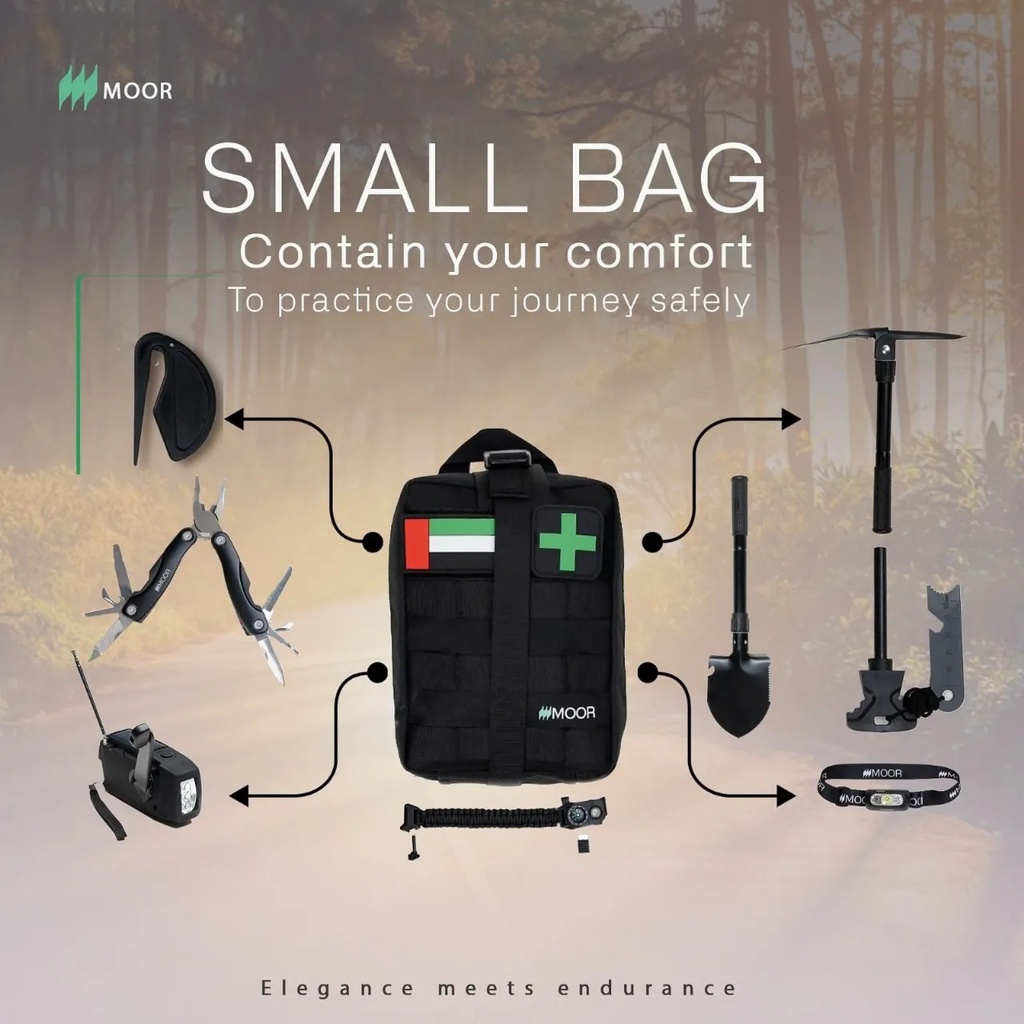 Moor Adventure Bag – The perfect companion for staying safe. Includes travel and emergency essentials with first aid supplies and camping/hiking gear.