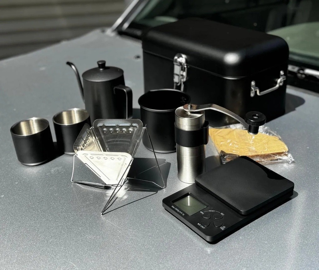 Camping Coffee Set – Travel Kit with Grinder, Scale, Spout Kettle & Accessories
