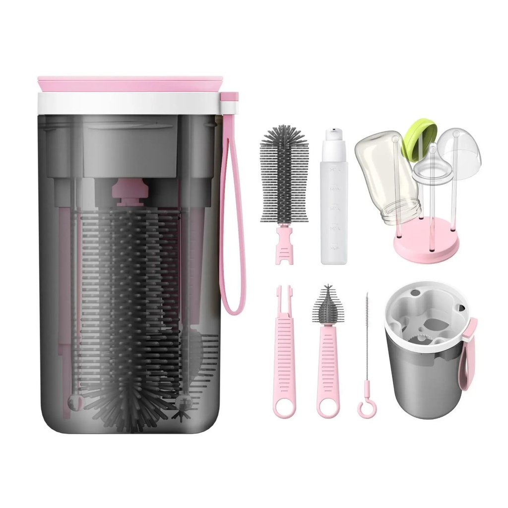 AMOR TINY 6-in-1 Travel Baby Bottle Cleaning & Drying Set – Long Handle Silicone Brushes with Nipple Cleaner & Drying Rack