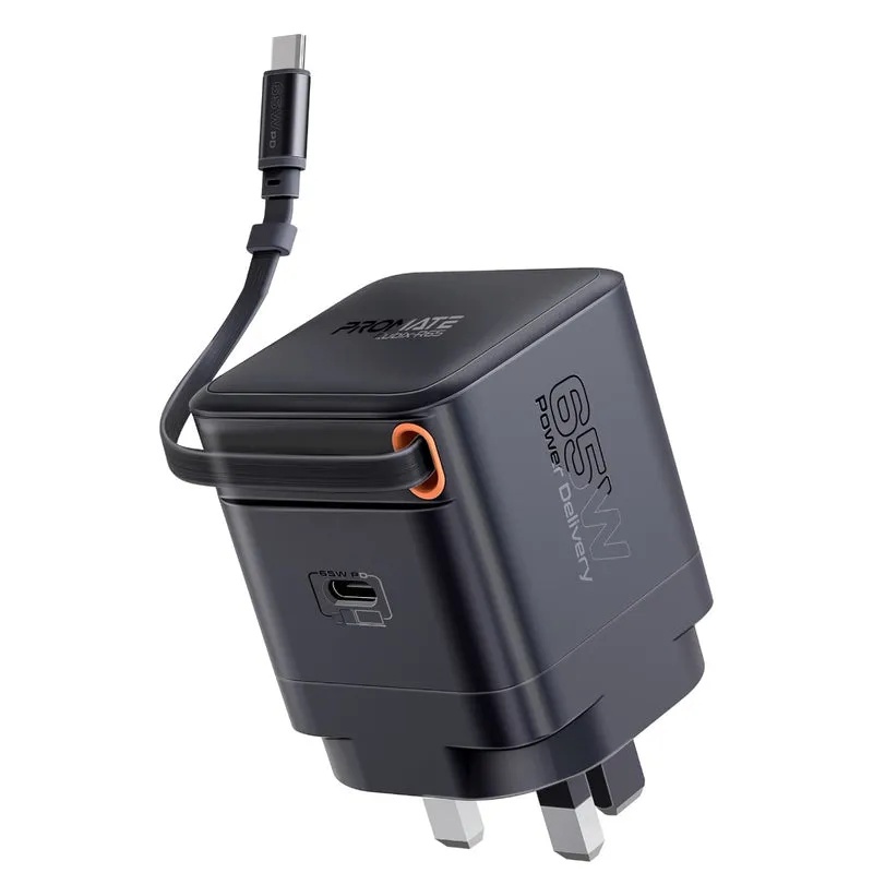 شاحن جداري من PROMATE بقدرة 65 واط وبتقنية GaNFast™ مع كابل USB-C مدمج وقابل للسحب – شاحن مدمج وسريع | Cubix-R65 |