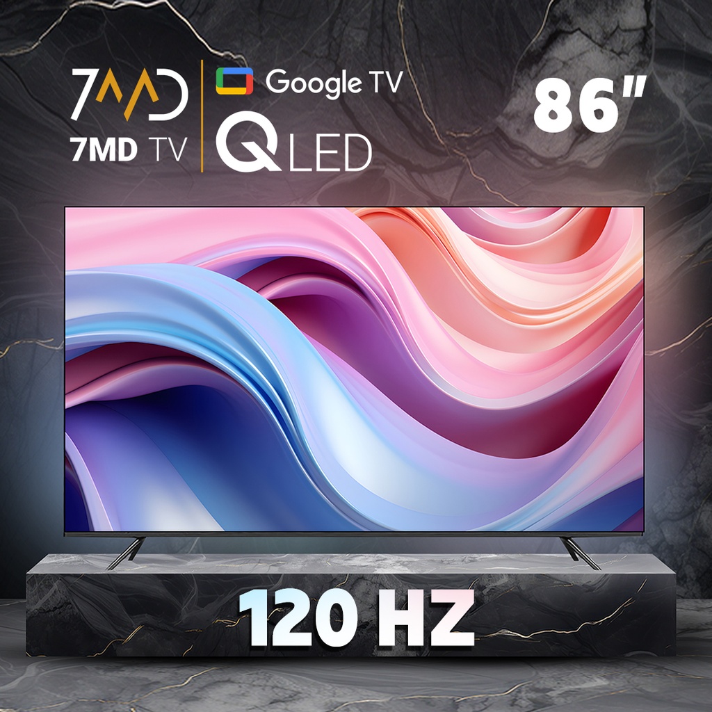 تلفزيون حمد ستور الذكي - 86 بوصة QLED بدون إطار، شاشة بتردد 120 هرتز، نظام تشغيل Google، منفذ HDMI 2.1، حامل حائط مشمول مع دعم وتحديث للبرامج مجانا لمدة سنة واحدة | 7MR86DT24USBT2Q |