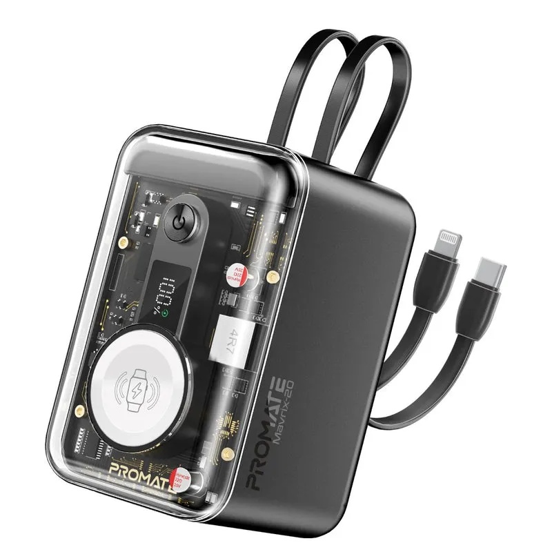 PROMATE 65W PD 20000mAh Power Bank – Transparent Design, Multi-Device Charging, Built-in USB-C & Lightning Cables | Mavrix-20 |