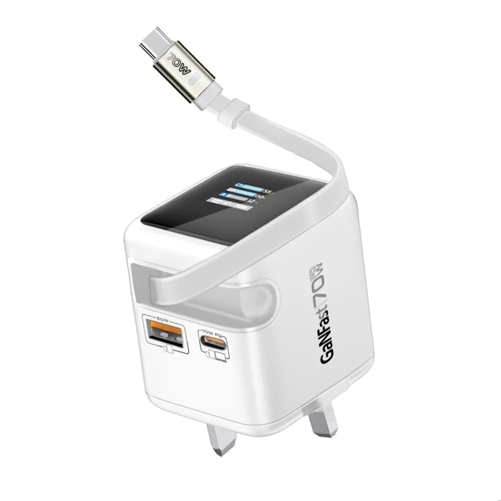 PROMATE 70W GaNFast Charger – Adaptive Fast Charging, Built-in Retractable USB-C Cable | Cubix-R70 |