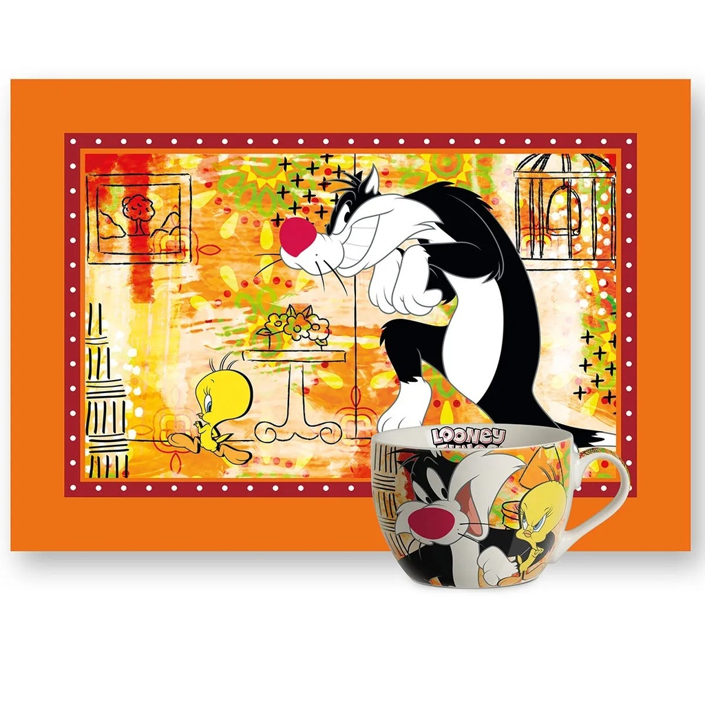 طقم كوب إفطار مع مفرش من ديزني – بتصميم Looney Tunes، كوب سيراميك بسعة 430 مل + مفرش قطني، آمن للميكروويف وغسالة الصحون، مجموعة للهدايا