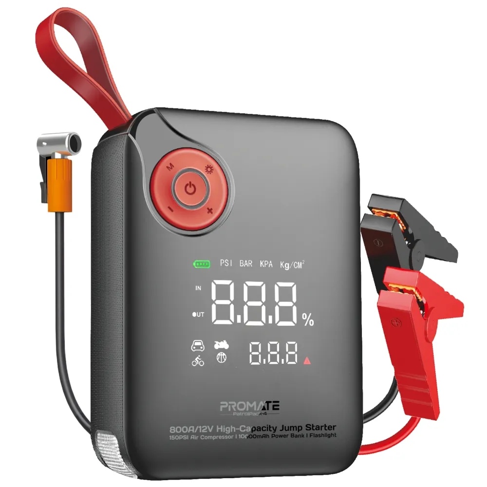 Promate 4-in-1 Emergency Car Jump Starter – 800A Peak Current, 150PSI Air Compressor, 10000mAh Power Bank, Dual USB & Type-C Ports, LED Flashlight | PatrolPack‑4 |