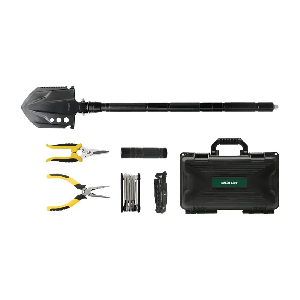 Green Lion Survival X9 Outdoor Tool Kit – Foldable Shovel Set with LED Flashlight, Wire Cutter & Multi-Tool for Camping, Hiking & Emergency | GNSRX9TOOLBK |
