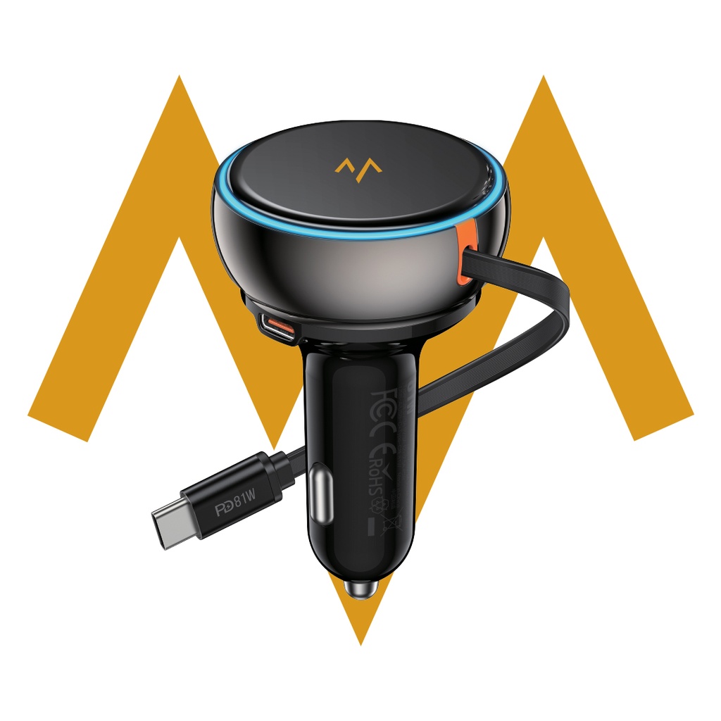 شاحن الطريق | شاحن السيارة من حمد ستور – شحن سريع PD بقدرة 45 واط، إجمالي طاقة 81 واط، بمنفذي USB-A + USB-C وكابل تايب سي مدمج قابل للتمدد، مع إضاءة LED محيطية | 7MD47025 |