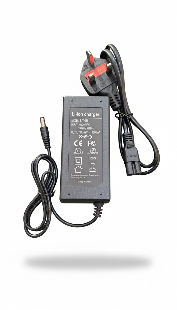 شاحن سكوتر 42V ذو دبوس واحد – شاحن سريع لبطارية ليثيوم-أيون (الموديل SJT-65E)، بخرج 1.5A