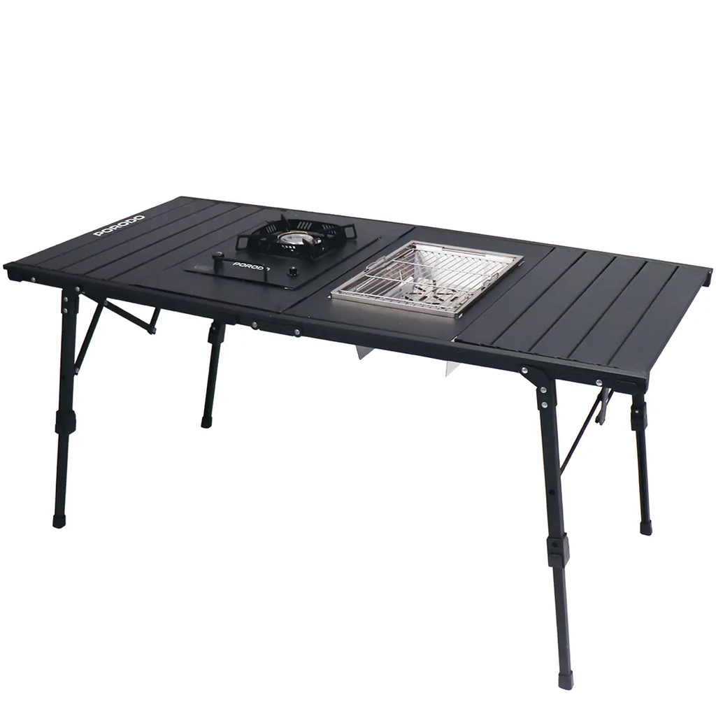 Porodo Lifestyle Outdoor Folding Table with Stove & Grill - 127×60×40 cm, Adjustable Height 65 cm, Gas Compatible | PDLFSTHGFT28BK |