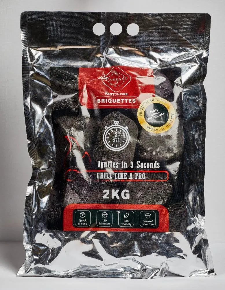 PASSAGE Eco-Friendly BBQ Charcoal – 2 kg Briquettes, Low Smoke & Odor, Ideal for Grilling & Outdoor Cooking