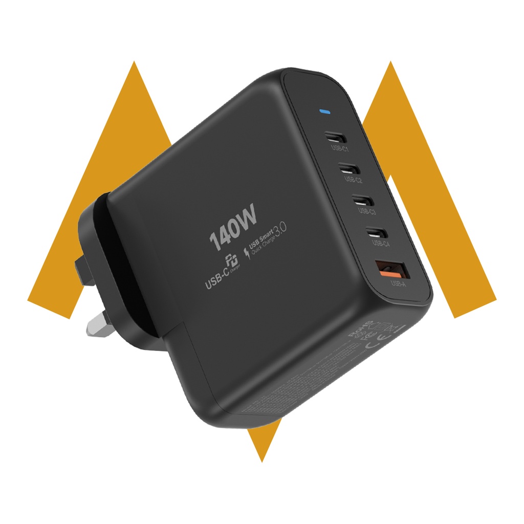 ما تحتاج غيره | شاحن جداري بقوة 140 واط بتقنية GaN للشحن السريع من حمد ستور – محول بـ 5 منافذ USB-C وUSB-A، شحن فائق السرعة مع تقنية Smart IC، شاحن سفر متعدد المنافذ | 7MD47725 |