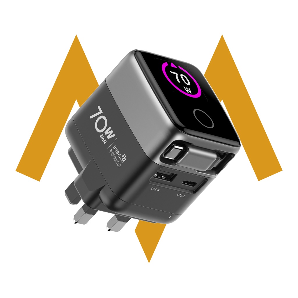 7MD 70W GaN Display Charger – USB-C Fast Charging Adapter with Digital Power Display, 2 Ports and Retractable USB-C Cable | 7MD45925 |