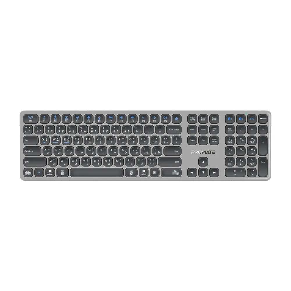 Promate Full-Size Slim Wireless Keyboard with Scissor Keys, Multi-Device Bluetooth 5.1 & 2.4GHz, USB-C Rechargeable, 100-Hour Battery, Compatible with Windows, Mac & Android | ProKeys-X2.EN\AR |