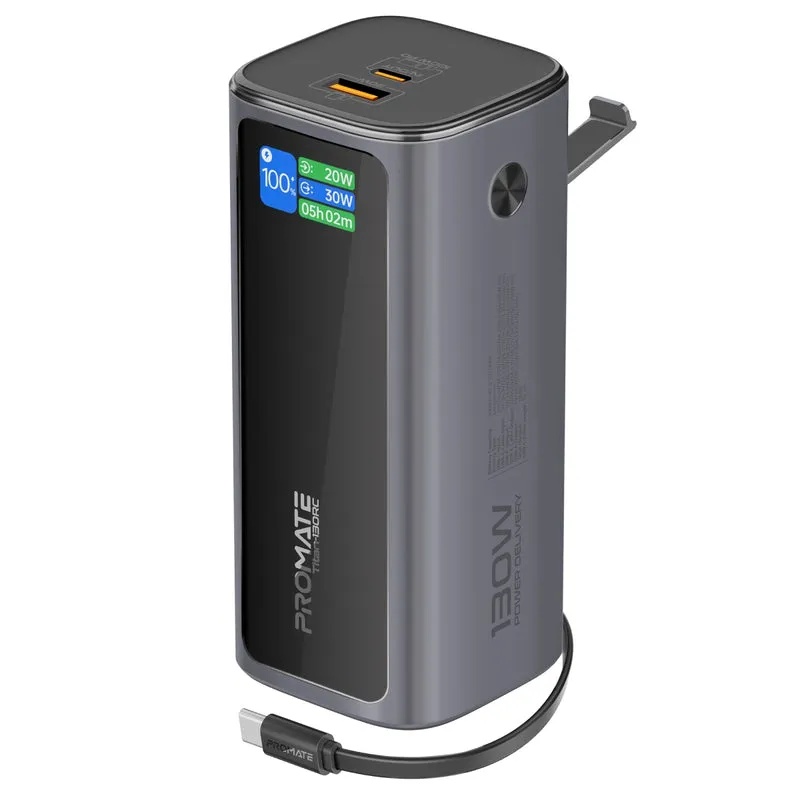 Promate Ultra-Compact 130W Multi-Port Power Bank, 20000mAh with Retractable USB-C Cable and TFT LCD Screen | Titan-130RC |