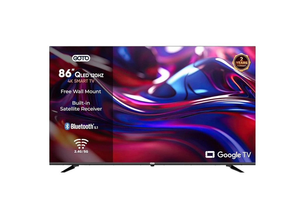 تلفزيون ذكي بدون إطار مقاس 86 بوصة من GOTO بدقة 4K UHD QLED، معدل تحديث 120 هرتز، Google TV رسمي، تحكم صوتي، معالج رباعي النواة، Dolby Audio وChromecast مدمج، مع اشتراك سنة مجانا | G86GQU12D120R |