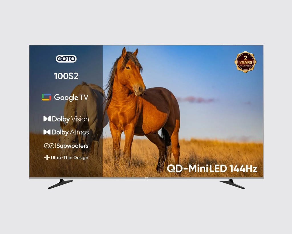 تلفزيون ذكي QD-Mini LED من GOTO مقاس 100 بوصة – معدل تحديث 144Hz، دعم Dolby Vision وHDR10+، نظام Google TV مع Dolby Atmos. مع اشتراك سنة مجانا | 100S2 | G100GQMU1SN144R |