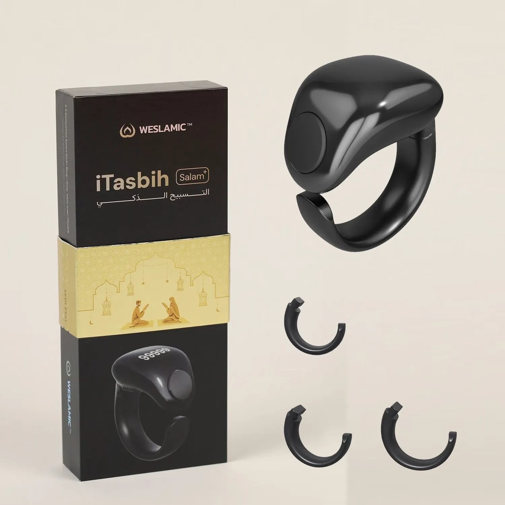 خاتم تسبيح رقمي ذكي iTasbih Salam+ من ويسلاميك – 3 مقاسات في تصميم واحد، شاشة OLED، اتصال بالتطبيق، مقاوم للماء IP67
