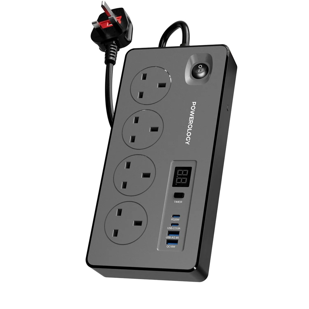 مشترك كهربائي 2990 واط مع 4 مقابس AC و4 منافذ USB (تايب سي + تايب A) من باورولوجي – شاشة رقمية، مؤقت 99 ساعة، كيبل 2 متر، قابس بريطاني | PWCUQC045BK |