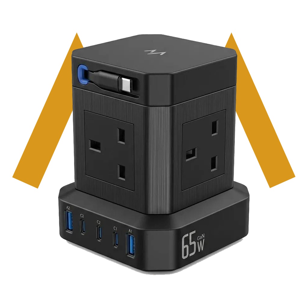 نقطة طاقة | كيوب مشترك كهربائي USB بقدرة 65 واط للشحن السريع مع كيبل تايب سي معلق – موزع طاقة 9 في 1 مع 4 مقابس سوكت | 7MD48725 |