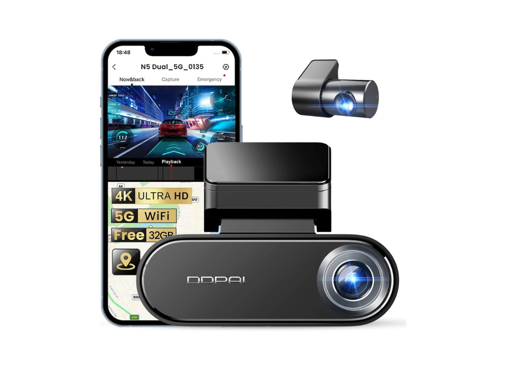 داش كام N5 Dual من DDPAI  – تسجيل أمامي بدقة 4K وخلفي 1080P، تخزين مدمج 32GB eMMC، نظام ADAS، GPS، واي فاي 5G. م:| DN005-01 |