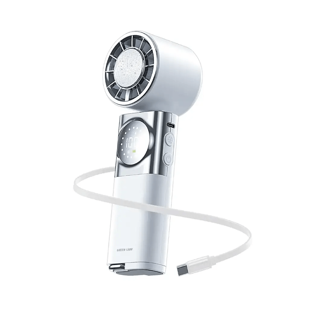 مروحة Power Wind المحمولة باليد مع باور بانك من جرين ليون – بطارية 3600mAh وسرعة تصل إلى 11200 دورة/دقيقة وتشغيل حتى 9 ساعات | GNPF12PWNDWH |