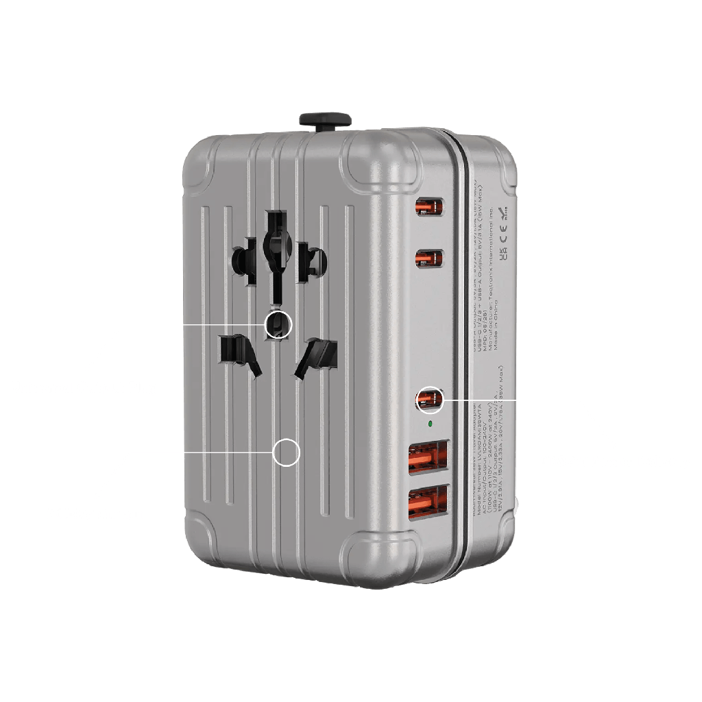 Levelo Roamiversal 2400W Travel Adapter – Universal Plug with 35W PD, 3× USB-C & 2× USB-A | LVLROAMI35WTAASL |