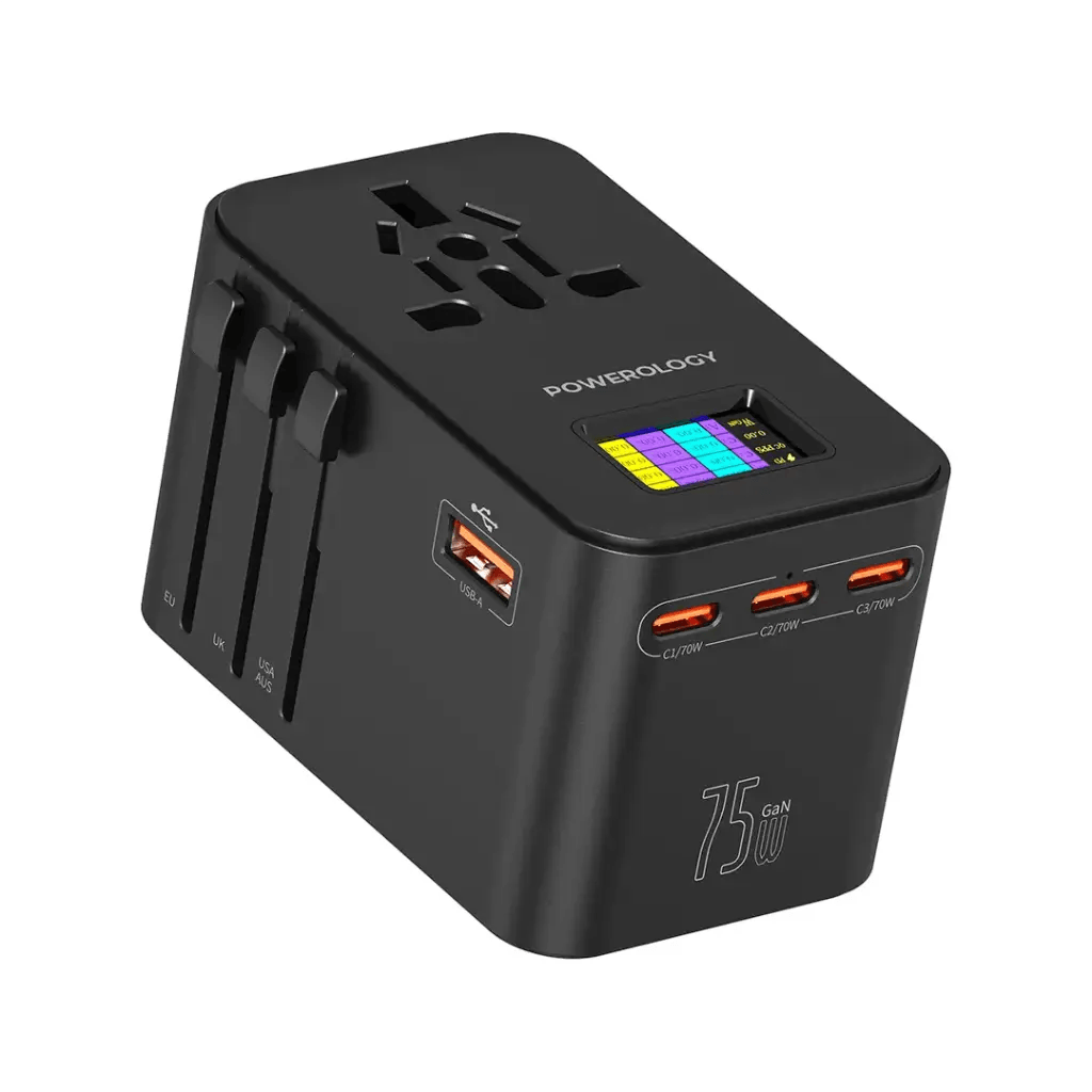 شاحن عالمي GaN بقدرة 75 واط مع محول سفر عالمي 2500 واط و3 منافذ USB-C ومنفذ USB-A وشحن سريع PD حتى 70 واط من باورولوجي | PWCUQC041 |