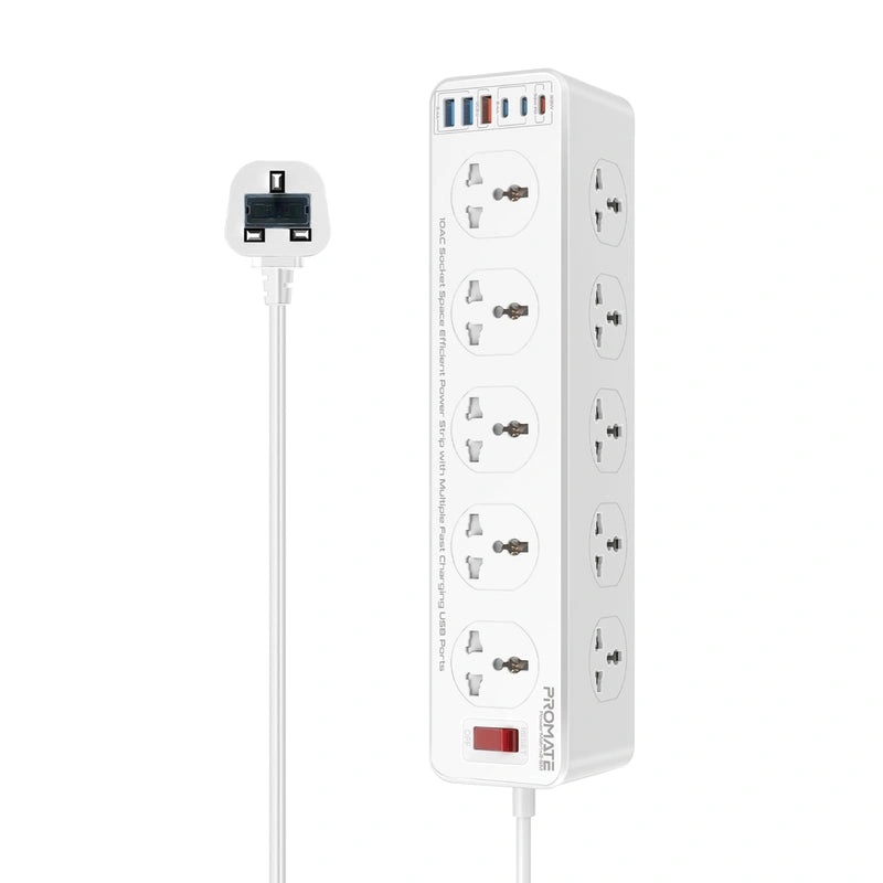 مشترك كهربائي بقدرة 2500 واط مع 10 منافذ AC و6 منافذ USB، شحن سريع 33 واط، كابل بطول 5 متر، وتصميم موفر للمساحة مع حماية من زيادة التيار من بروميت | PowerMatrix2-5M |