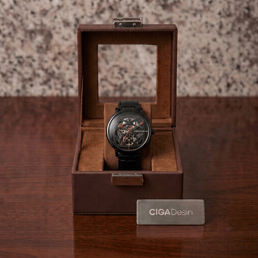 CIGA Design Automatic Mechanical Watch 44mm Skeleton Dial Seagull Movement 3ATM Water Resistance - Stainless Steel Watch with Black Leather Strap | Z021 |