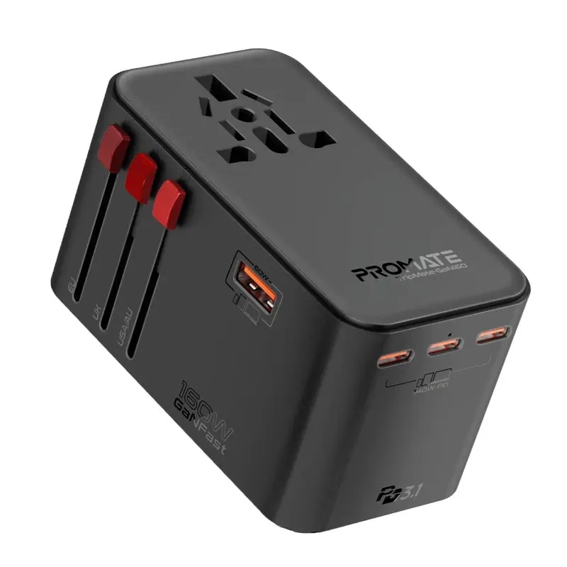 محول سفر عالمي GaNFast™ بقدرة 160 واط، 3 منافذ تايب سي PD، منفذ USB-A بقدرة 60 واط، مقبس AC عالمي، ومتوافق مع مقابس دول العالم من بروميت | TripMate-GaN160 |