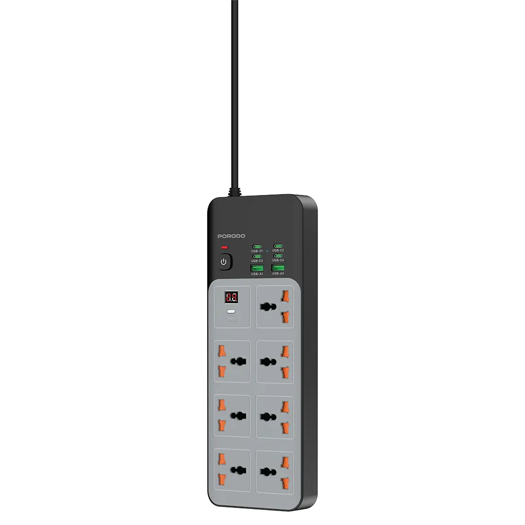 مشترك كهربائي عالمي بقدرة 3000 واط، 7 منافذ AC، و6 منافذ USB (4 تايب سي + 2 USB-A)، شحن سريع 20 واط، مؤقت 24 ساعة، وكابل UK بطول 3 أمتار من بورودو | PDFWCH099GY |