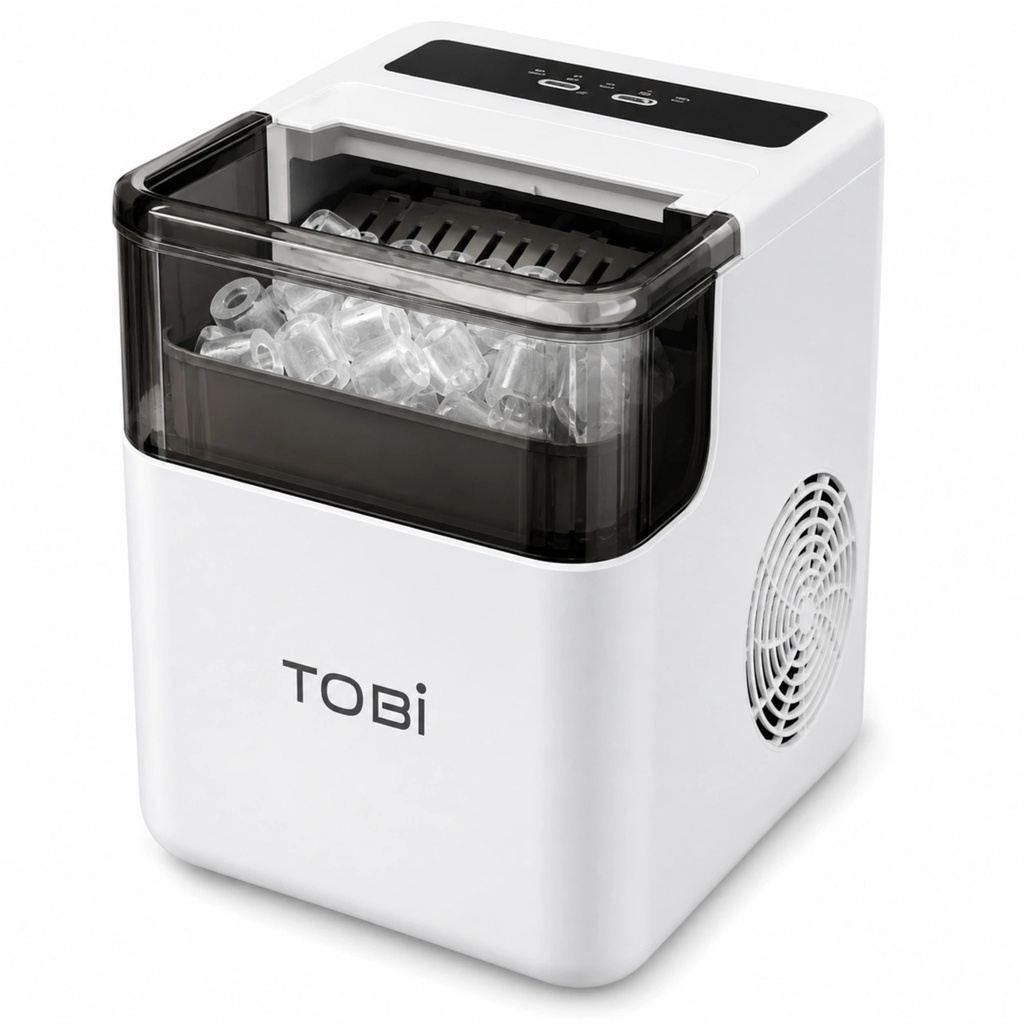 صانعة ثلج أوتوماتيكية بإنتاج 12 كجم من الثلج يوميًا، خزان مياه 1.6 لتر، سلة ثلج بسعة 500 جم، حجمين لمكعبات الثلج ودورة إنتاج خلال 6–8 دقائق من توبي | TB-966 |