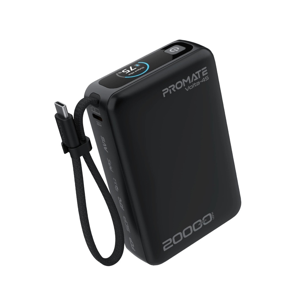 Promate 20000mAh Power Bank, 45W PD Fast Charging, Built-In USB-C Cable, 22.5W USB-A, 3-Device Charging, Smart Display | Volta-45 |