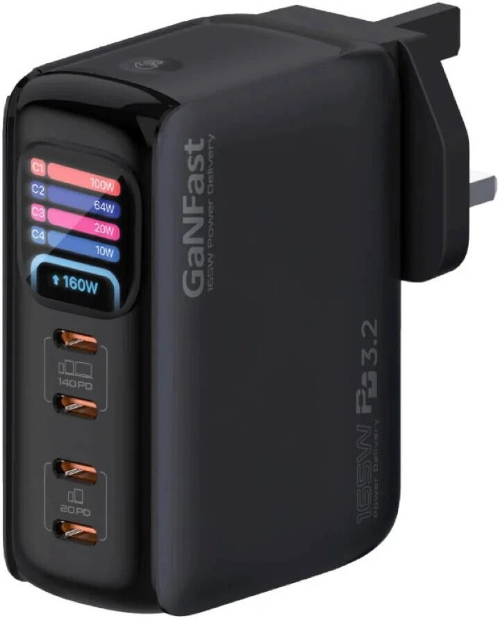 Promate GaNFast 165W USB-C Charger, 4 Ports, Dual 140W PD 3.2, TFT Smart Display, PPS & AVS, Multi-Device Charging | Prime-165 |