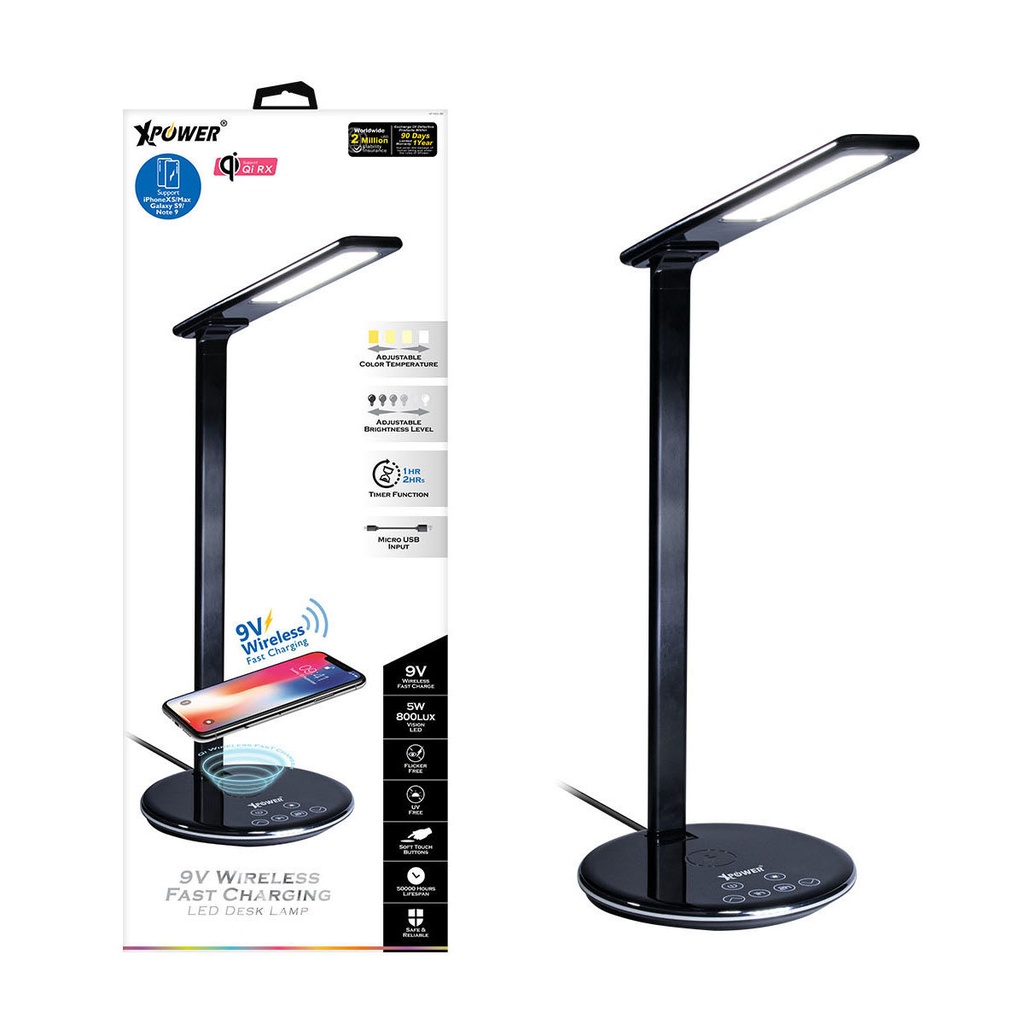 XPower 9V Wireless Charger Pad LED Desk Lamp With USB Port, Touch Control, 4 Lighting Mode, Compatible With Most Smartphones – Black