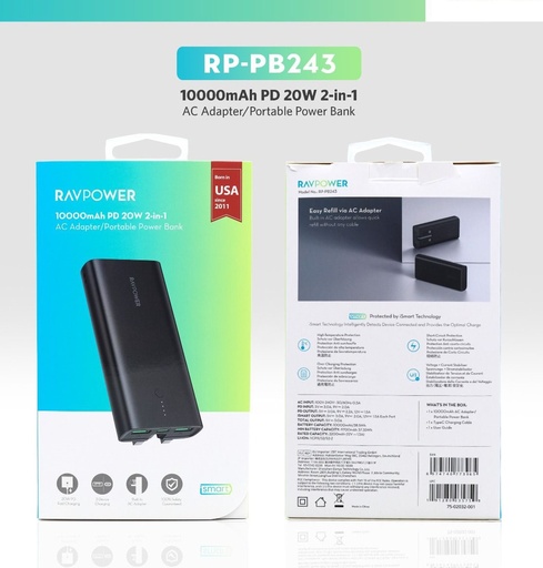 [8579] RAVPOWER | RP-PB243 | 2 IN 1 AC ADAPTER & PORTABLE POWER BANK WITH 10,000MAH CAPACITY