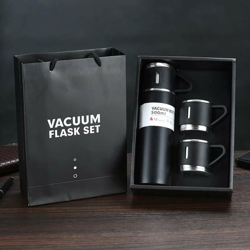 Double-wall stainless steel vacuum flask set with 2 stainless steel cups for hot and cold beverage