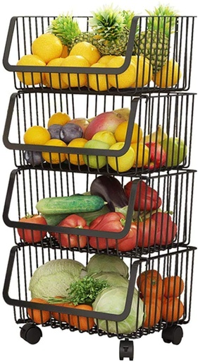 [3079] 4-Tier Fruit & Vegetable Storage Basket with Wheels – Detachable Wire Rack Organizer for Kitchen & Home Use