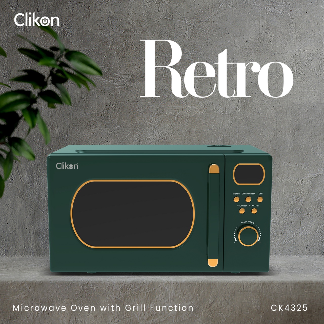 CLIKON RETRO MICROWAVE OVEN WITH GRILL FUNCTION, DIGITAL CONTROLS, EXPRESS COOKING, PULL HANDLE DOOR, 255 MM GLASS TURNTABLE AND MULTIPLE POWER LEVELS 22 L (CK4325)