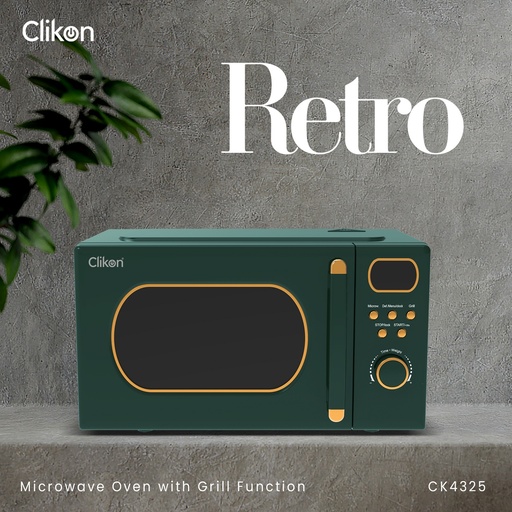 [8984] CLIKON RETRO MICROWAVE OVEN WITH GRILL FUNCTION, DIGITAL CONTROLS, EXPRESS COOKING, PULL HANDLE DOOR, 255 MM GLASS TURNTABLE AND MULTIPLE POWER LEVELS 22 L (CK4325)