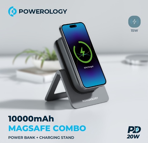 [9069] POWEROLOGY Magsafe Combo | 10000 mAh Power Bank + Charging Stand | USB-C Charging | Built-in Safeguards | Fast Charging | Pass-Through Technology | 1 Year Warranty | PPBCHA21GY |