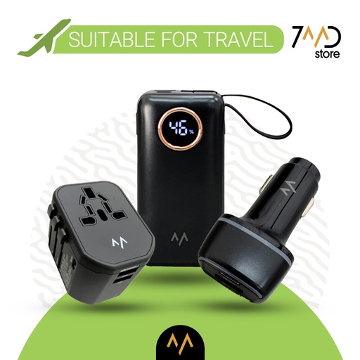 [9169] 7MD Combo Box for Travelling Includes | 10000 mAh Power Bank | Travel Charger Adapter | Dual Port Super- Car Charger | C-C Cable + Lightning Cable + USB-C Cable | Bag Included | 12 Months Warranty | 7MD-TR |