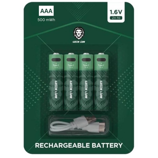 [9207] Green Lion Rechargeable AAA Alkaline Battery | LED Charging Indicator | Charging Cable Included | GNRGBAAA | 500 mWh 1.6V