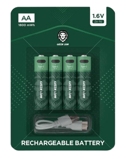 [9208] Green Lion Rechargeable AA Alkaline Battery | LED Charging Indicator | Charging Cable Included | GNRGBAA | 1800 mWh 1.6V